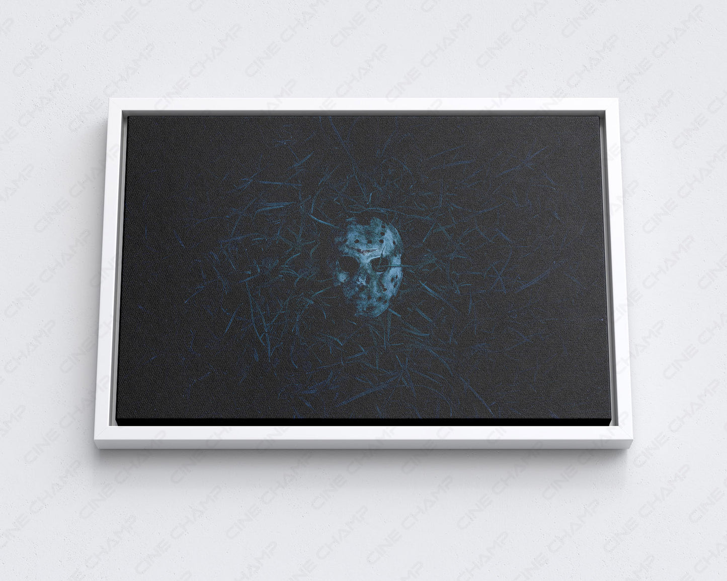Dark horror hockey mask wall art printed on high-quality canvas with vibrant colors and fade-resistant finish.
