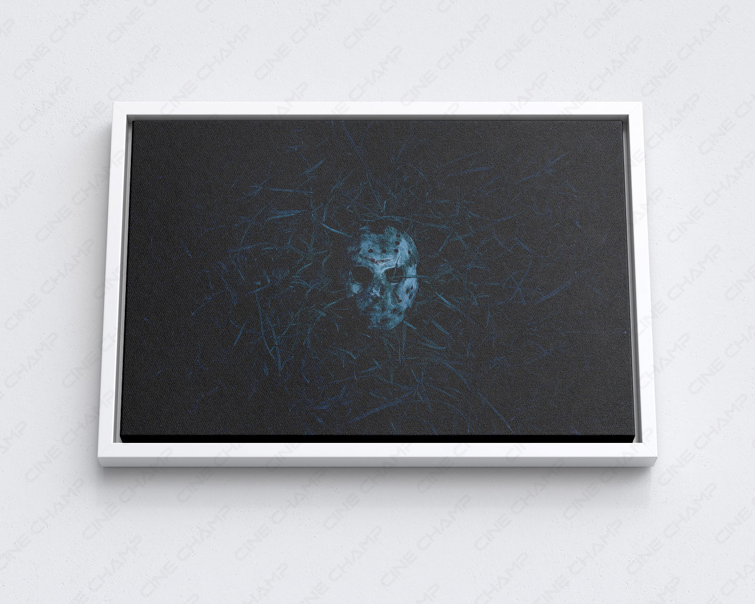 Dark horror hockey mask wall art printed on high-quality canvas with vibrant colors and fade-resistant finish.