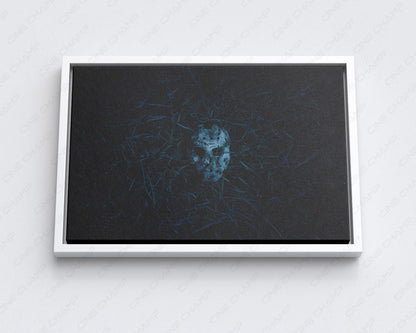 Dark horror hockey mask wall art printed on high-quality canvas with vibrant colors and fade-resistant finish.