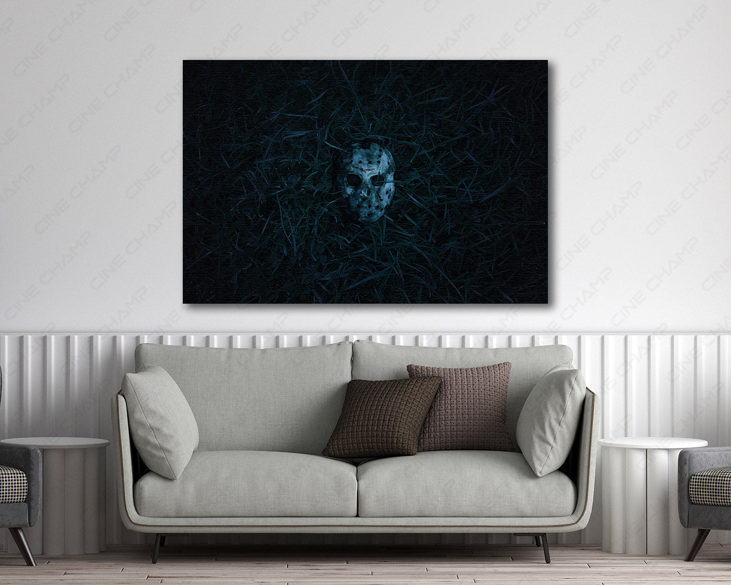 Premium Jason mask canvas print for horror fans, perfect for Halloween, bedroom, office, and home theater wall decor.