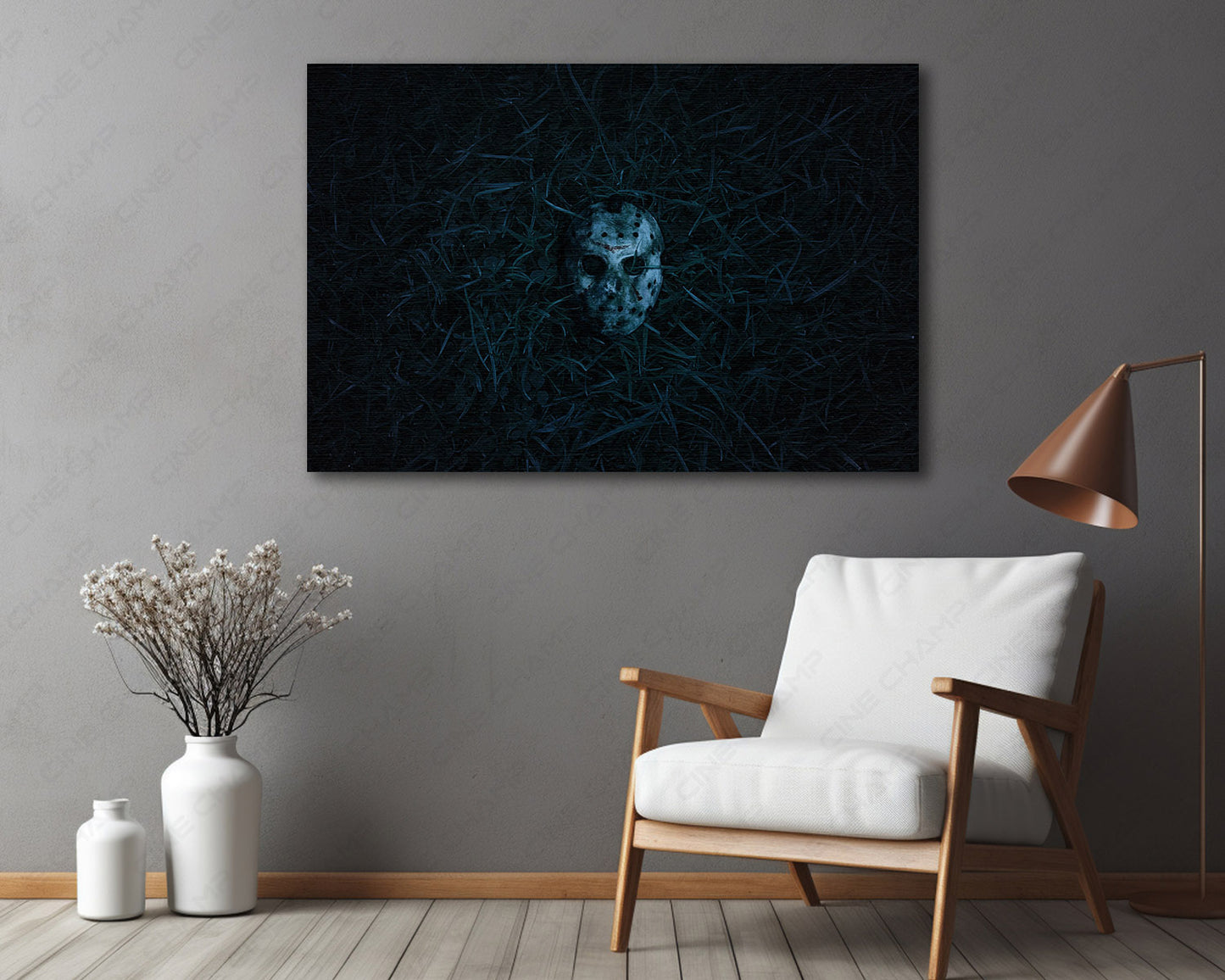 Friday the 13th inspired hockey mask canvas wall art for horror-themed home decoration and collector display.