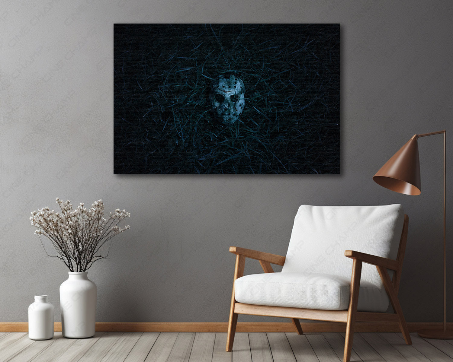 Friday the 13th inspired hockey mask canvas wall art for horror-themed home decoration and collector display.