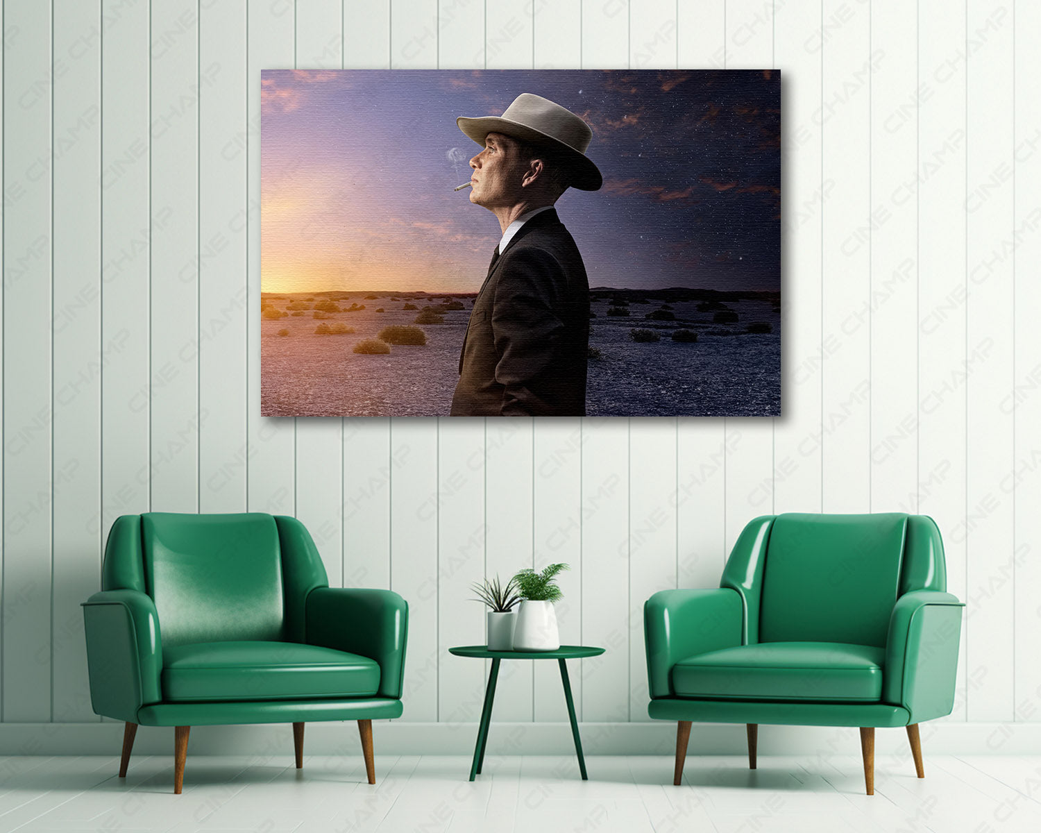 J. Robert Oppenheimer Desert Canvas Wall Art Above Accent Chair in a Modern Study or Media Room