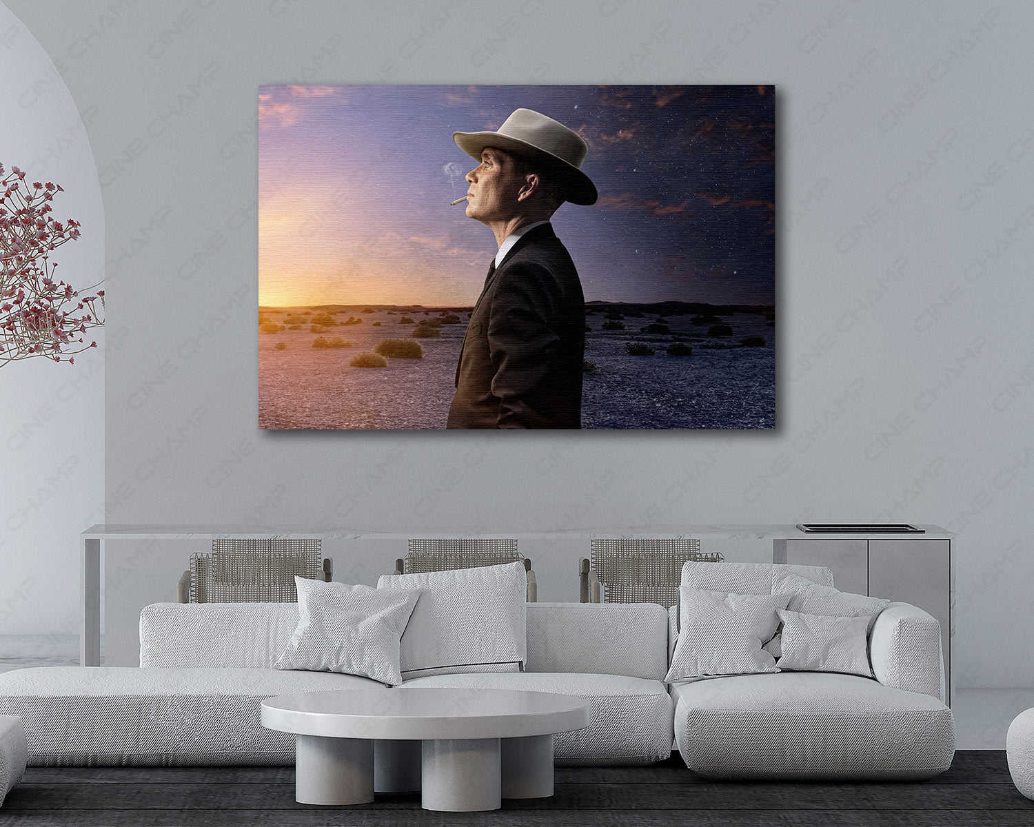 J. Robert Oppenheimer Desert Canvas Wall Art Displayed in a Contemporary Living Room Interior