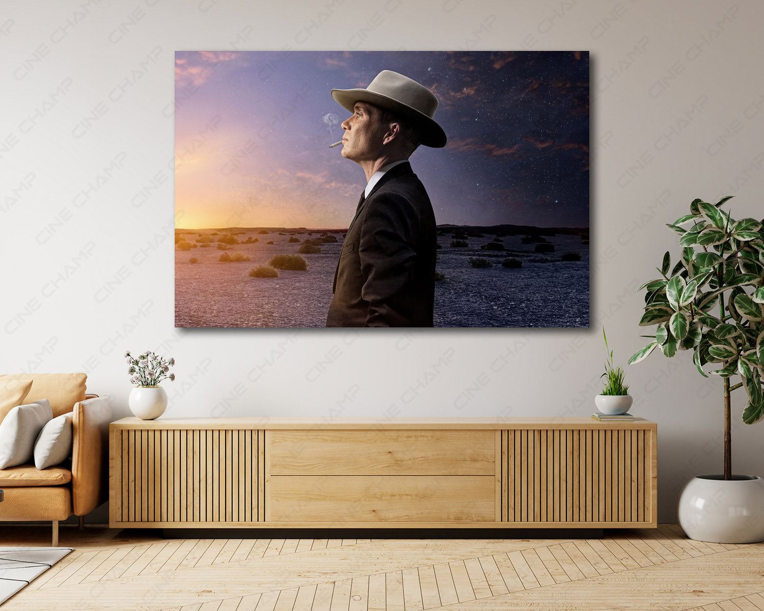 J. Robert Oppenheimer Desert Canvas Wall Art Displayed on a Cabinet Wall in a Modern Interior