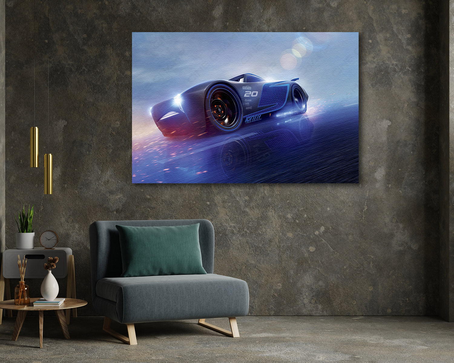 Jackson Storm Canvas Print Above Accent Chair in a Modern Playroom or Entertainment Space