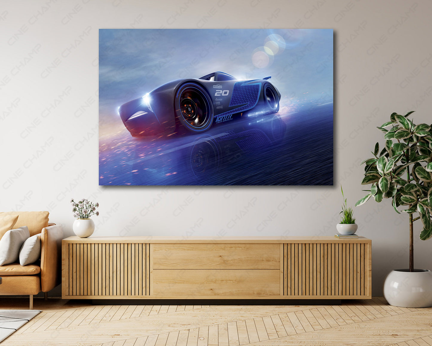 Jackson Storm Canvas Print Displayed Above Cabinet as Animated Racing Character Wall Art