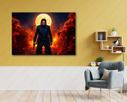 John Wick Canvas Wall Decor Above Accent Chair in a Stylish Entertainment Room