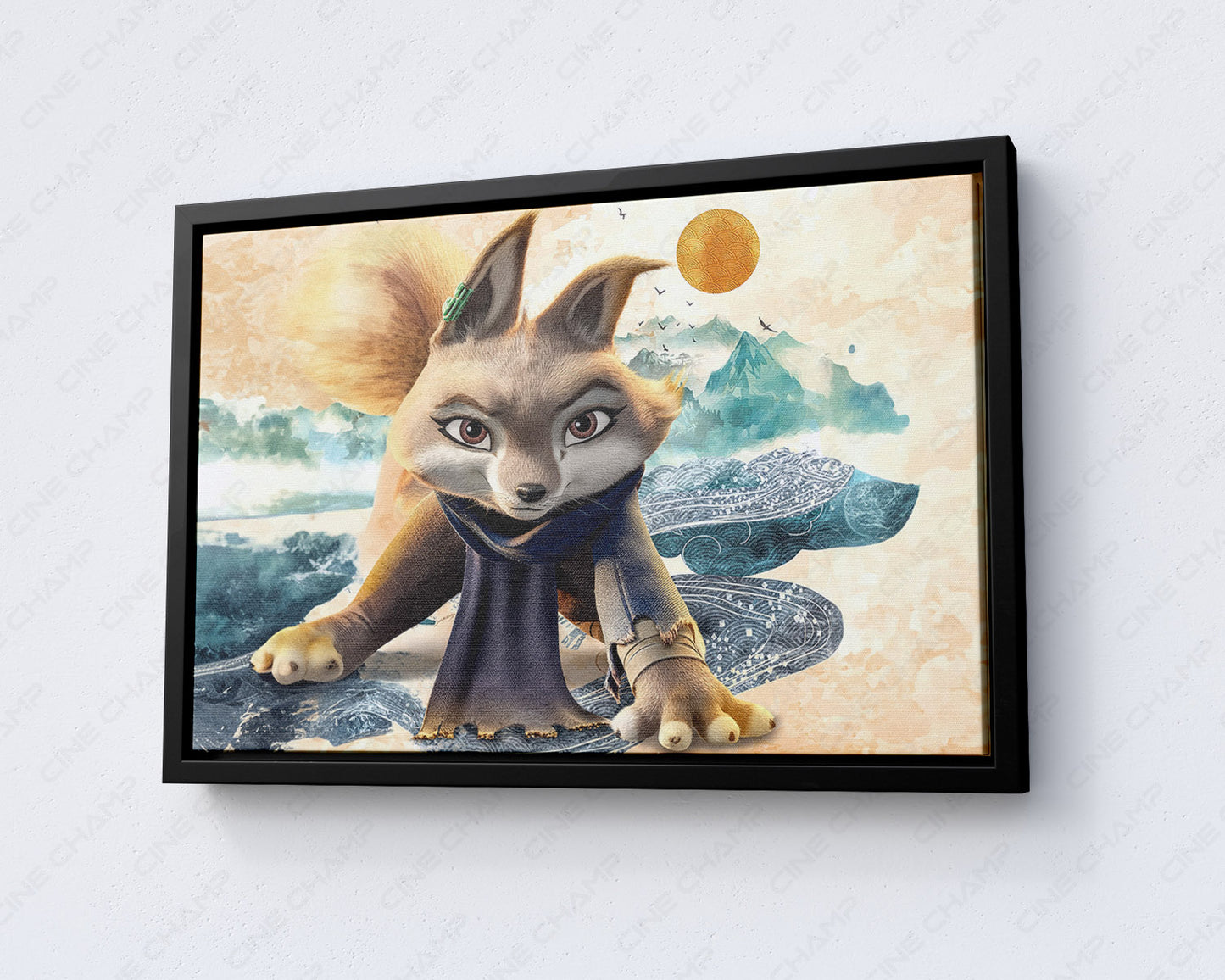 Zhen Kung Fu Panda inspired wall art with black floating frame for contemporary interior decor