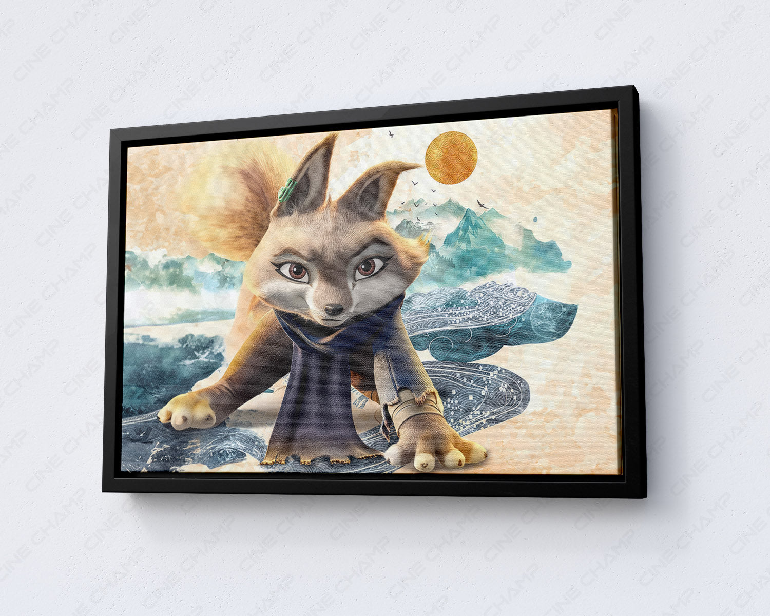 Zhen Kung Fu Panda inspired wall art with black floating frame for contemporary interior decor