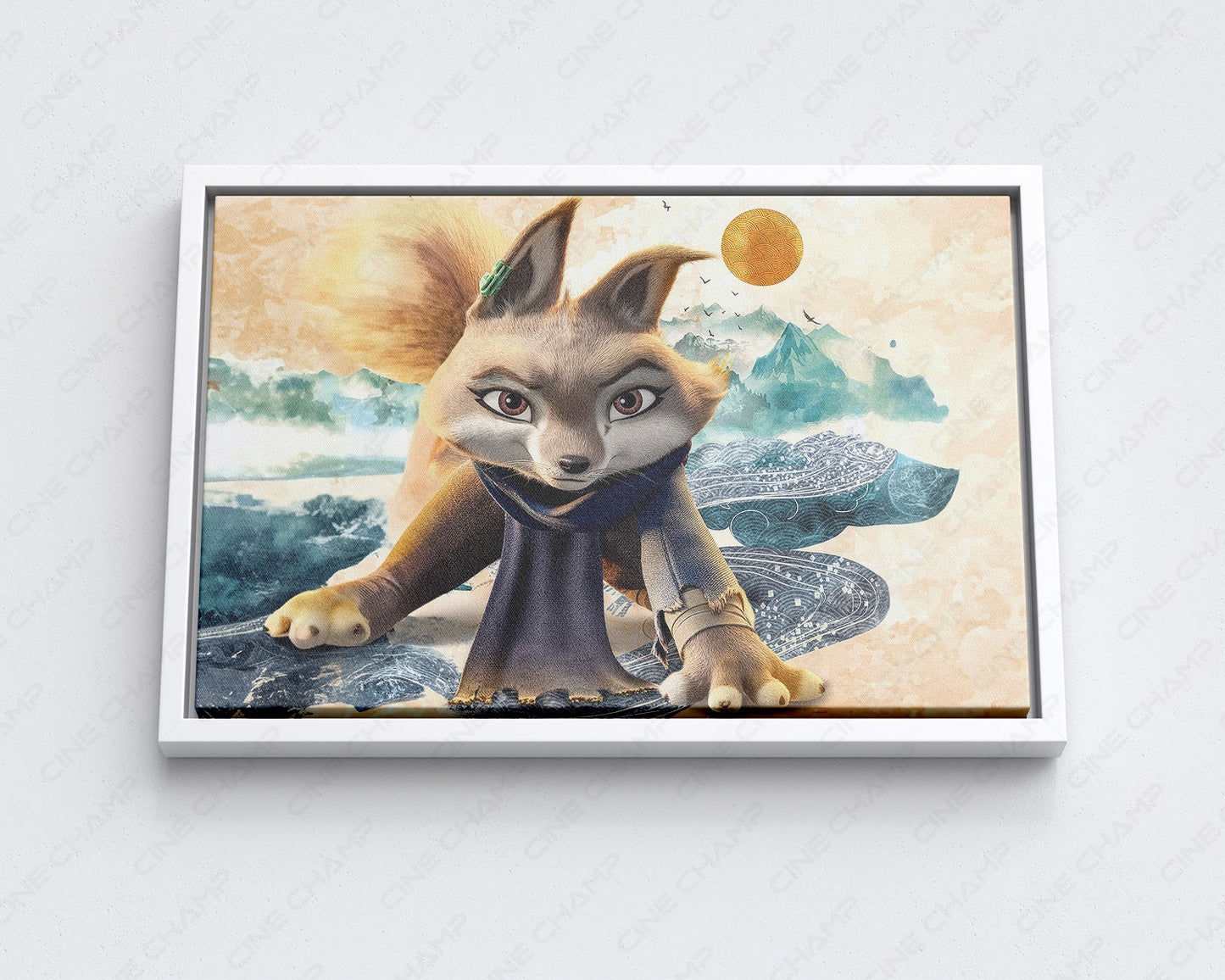 Zhen Kung Fu Panda inspired wall art with white floating frame for stylish home and office decor