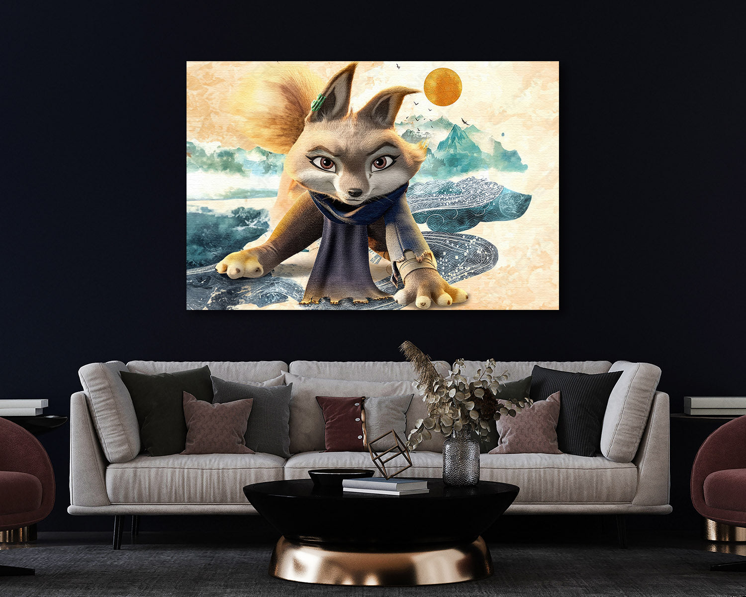 Zhen Kung Fu Panda inspired canvas wall art displayed in a modern living room setting