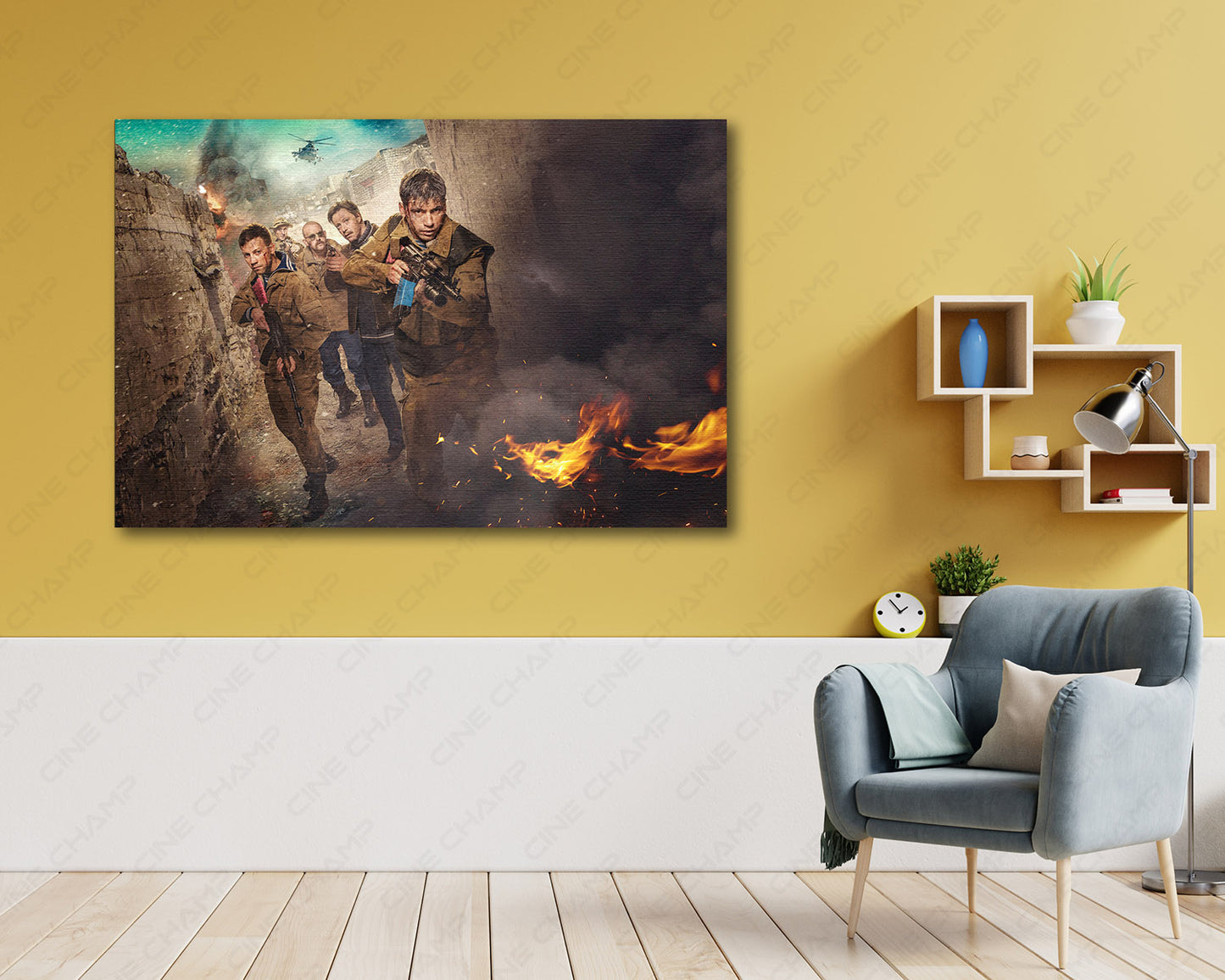 Leaving Afghanistan Canvas Print Above Accent Chair in a Stylish Reading Room