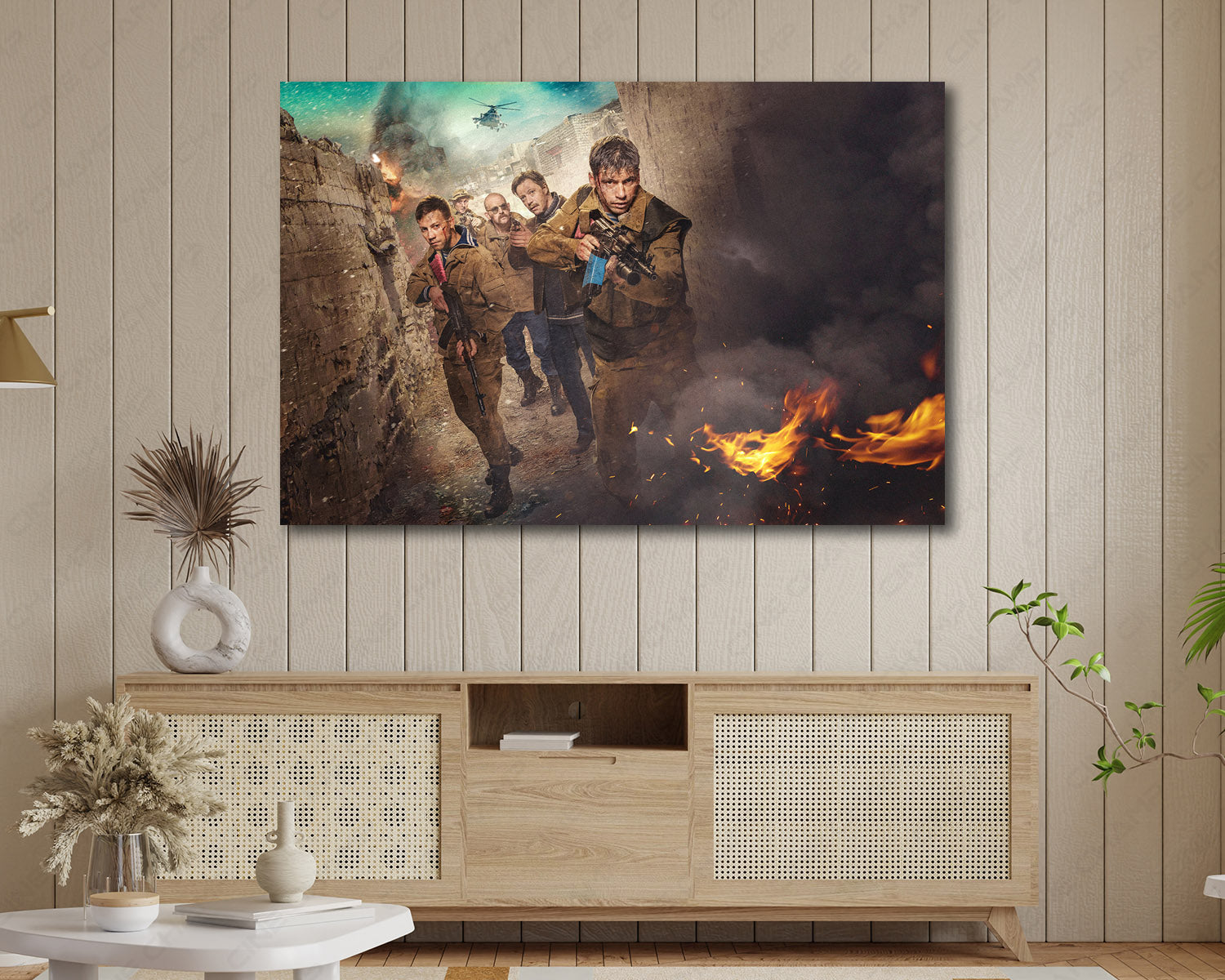 Leaving Afghanistan Canvas Print Displayed Above Cabinet as Cinematic Wall Art