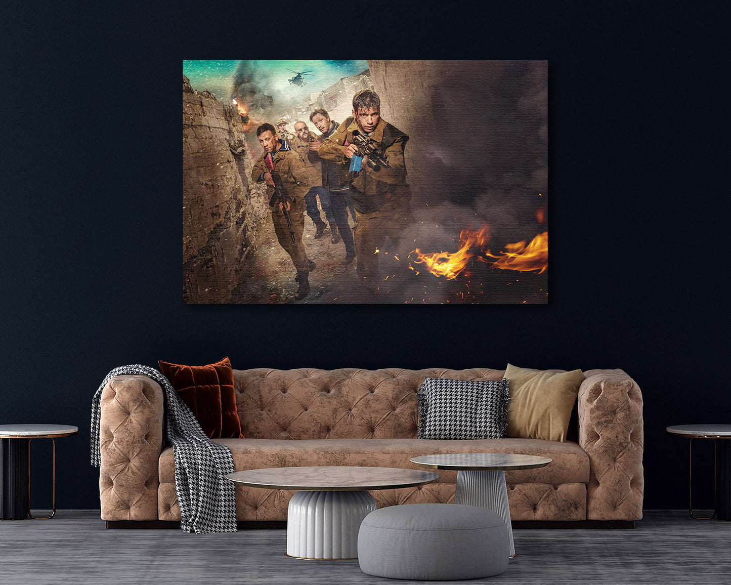 Leaving Afghanistan Canvas Print Displayed in a Modern Living Room Interior