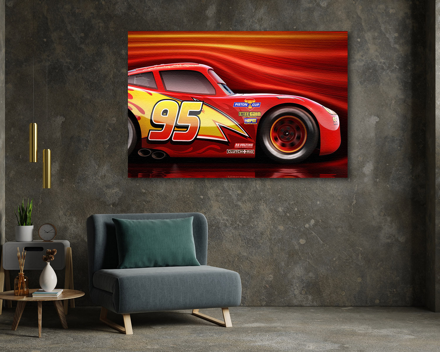 Lightning McQueen Canvas Print Above Accent Chair in a Modern Playroom or Entertainment Space