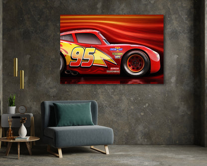 Lightning McQueen Canvas Print Above Accent Chair in a Modern Playroom or Entertainment Space