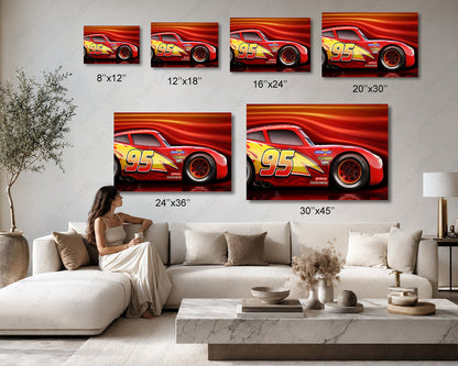 Lightning McQueen Canvas Print Available in Multiple Sizes for Home, Office, Kids Room, Playroom, and Movie Room Decor