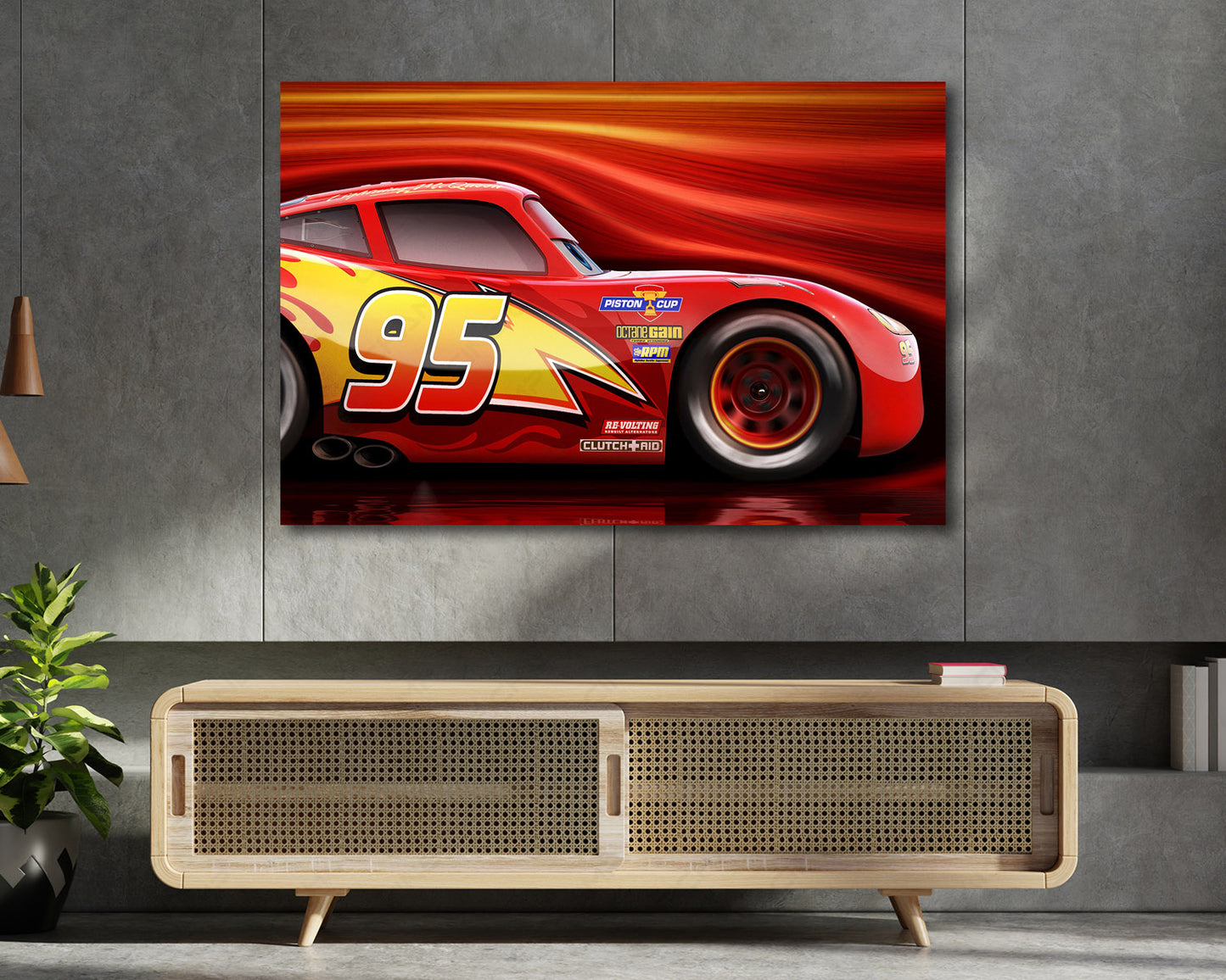Lightning McQueen Canvas Print Displayed Above Cabinet as Iconic Racing Character Wall Art