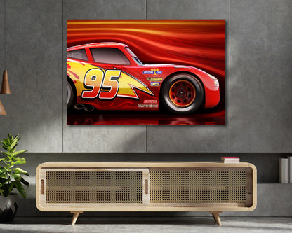 Lightning McQueen Canvas Print Displayed Above Cabinet as Iconic Racing Character Wall Art