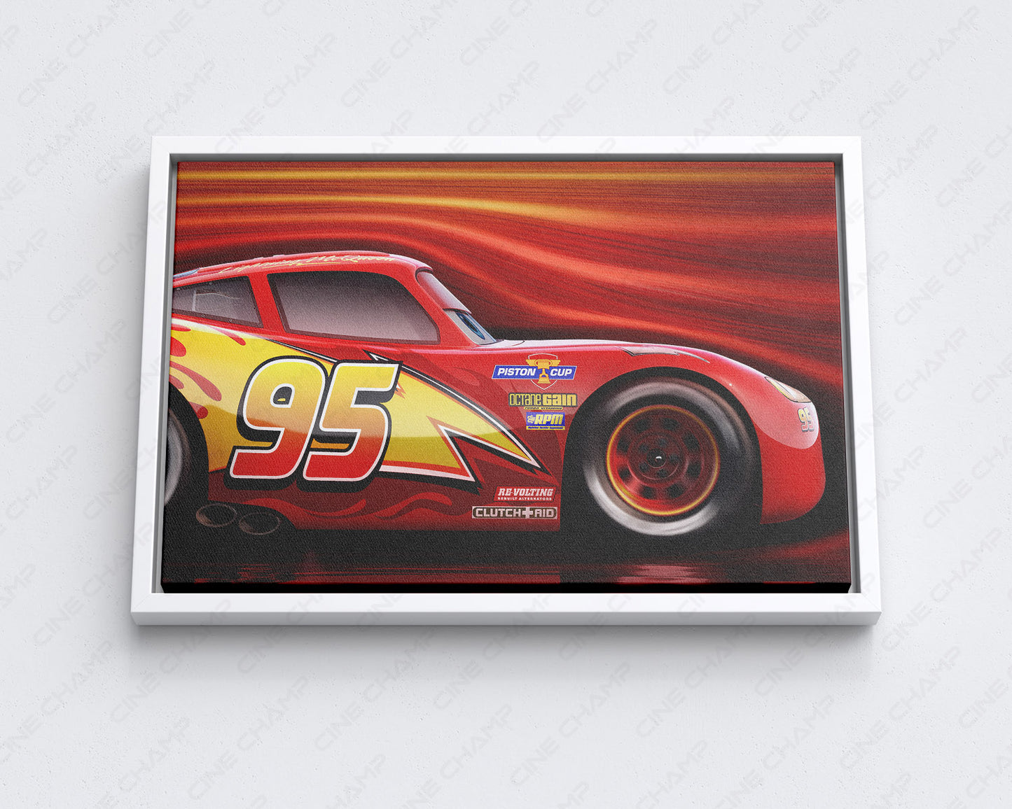 Lightning McQueen Canvas Print with White Floating Frame for Stylish Pixar-Themed Wall Decoration