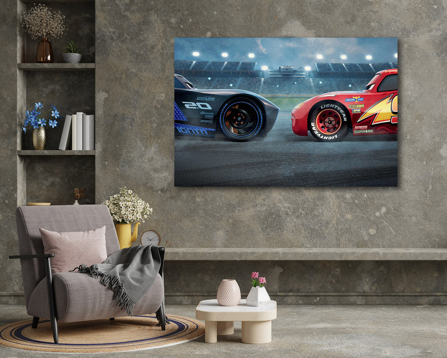 Lightning McQueen & Cruz Ramirez Canvas Print Above Accent Chair in a Modern Playroom or Entertainment Space