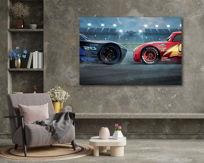 Lightning McQueen & Cruz Ramirez Canvas Print Above Accent Chair in a Modern Playroom or Entertainment Space