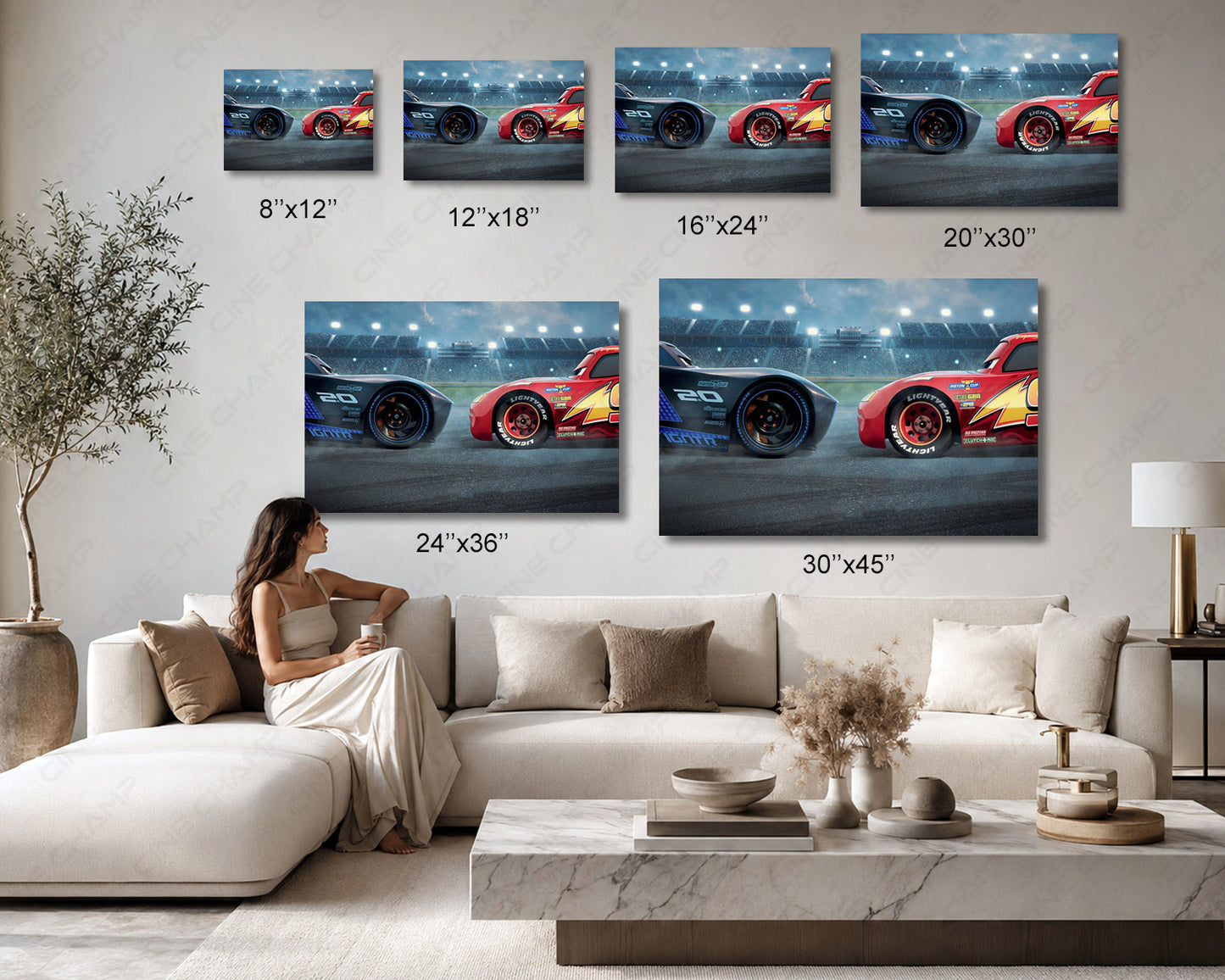 Lightning McQueen & Cruz Ramirez Canvas Print Available in Multiple Sizes for Home, Office, Kids Room, Playroom, and Movie Room Decor
