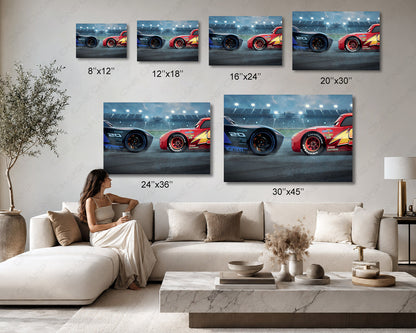 Lightning McQueen & Cruz Ramirez Canvas Print Available in Multiple Sizes for Home, Office, Kids Room, Playroom, and Movie Room Decor
