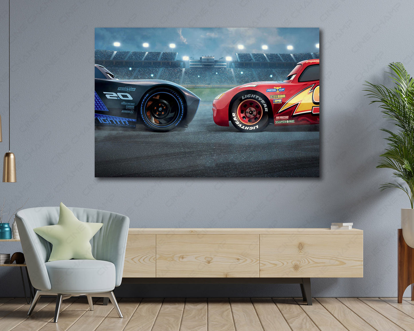 Lightning McQueen & Cruz Ramirez Canvas Print Displayed Above Cabinet as Iconic Racing Character Wall Art