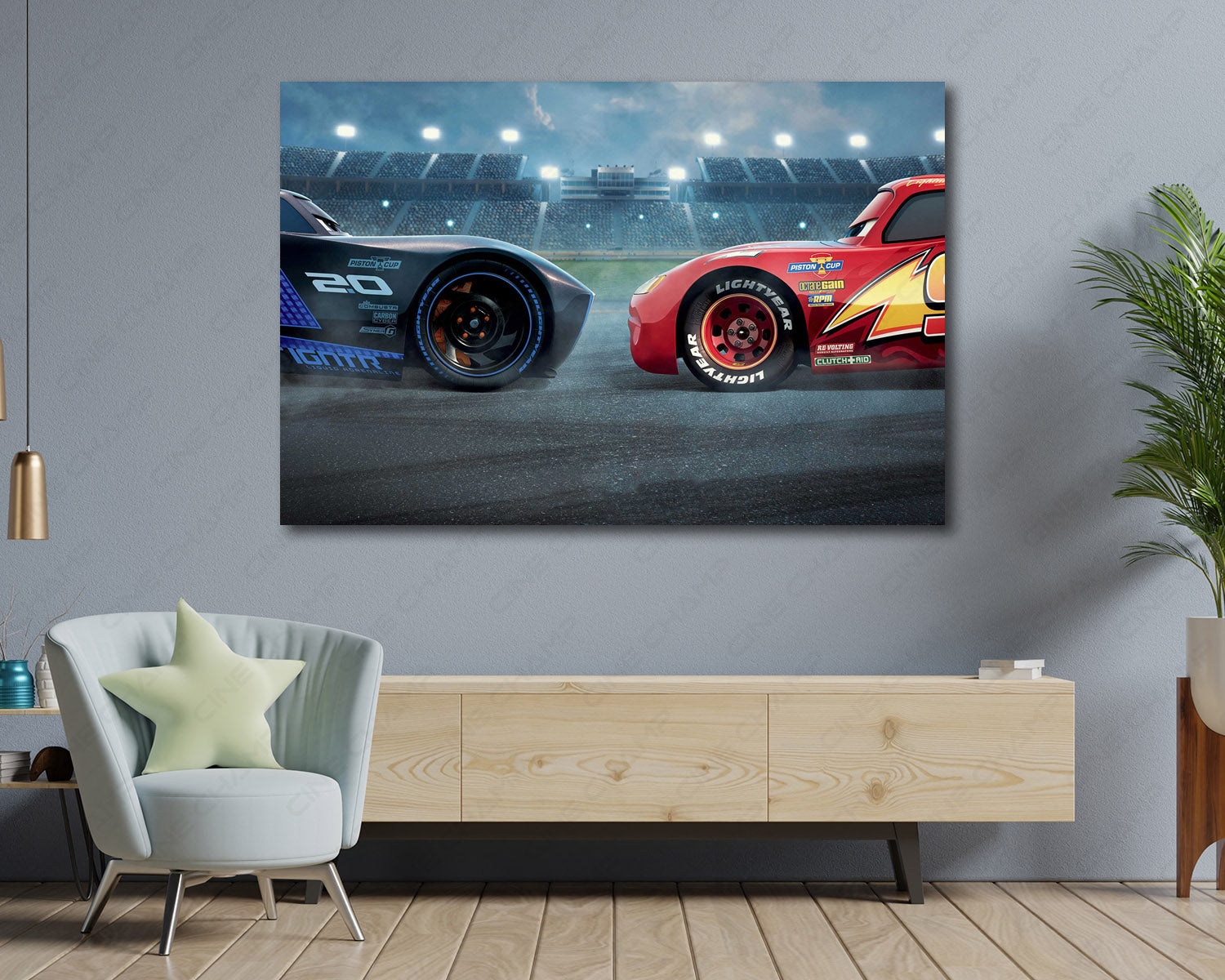 Lightning McQueen & Cruz Ramirez Canvas Print Displayed Above Cabinet as Iconic Racing Character Wall Art