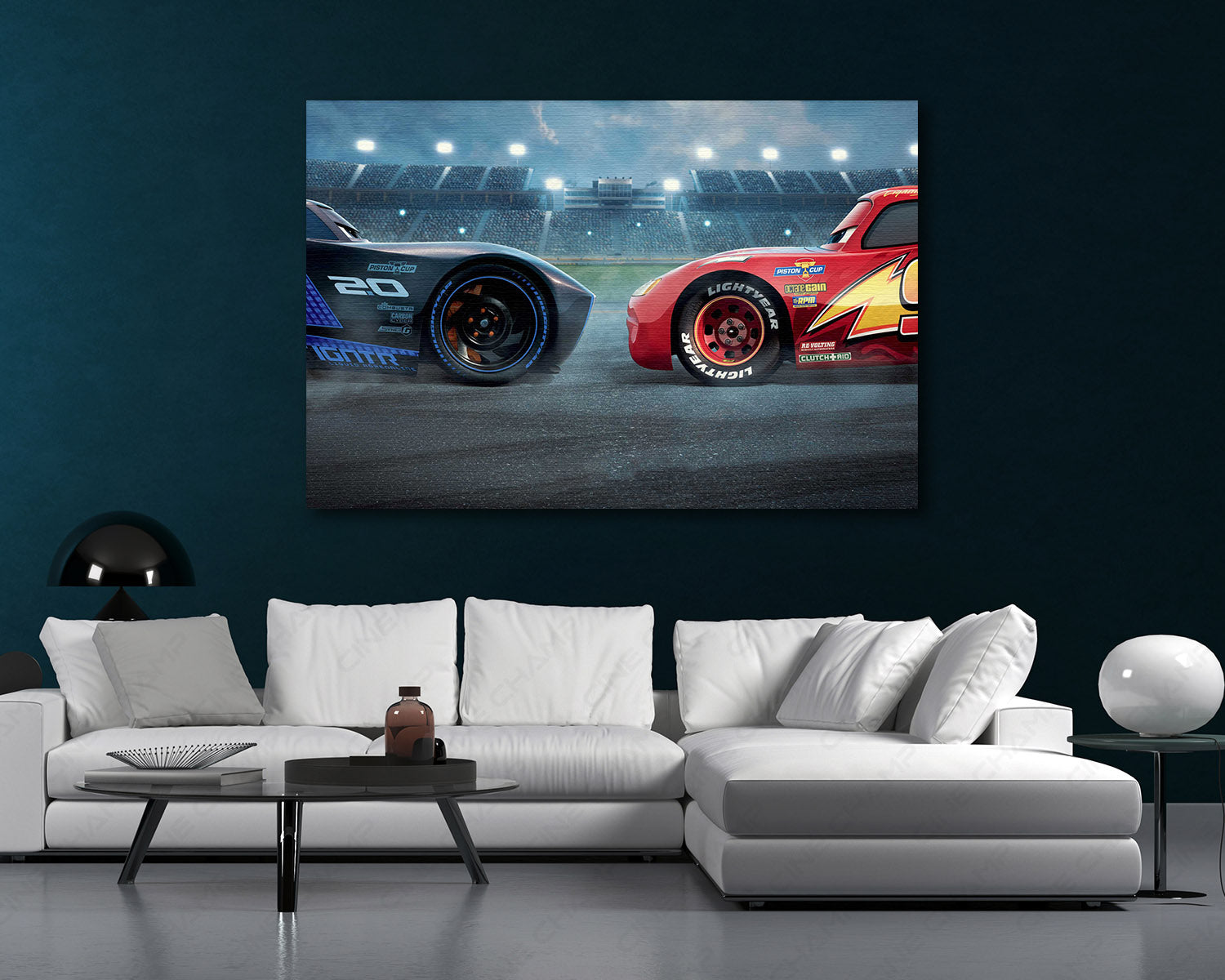 Lightning McQueen & Cruz Ramirez Canvas Print Displayed in a Contemporary Living Room Interior