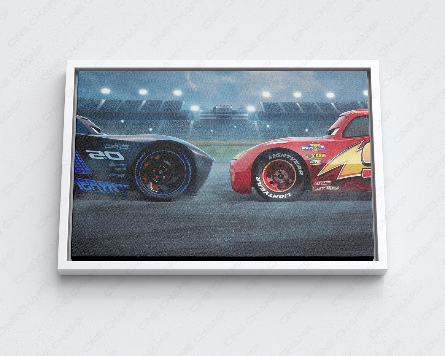 Lightning McQueen & Cruz Ramirez Canvas Print with White Floating Frame for Stylish Pixar-Themed Wall Decoration