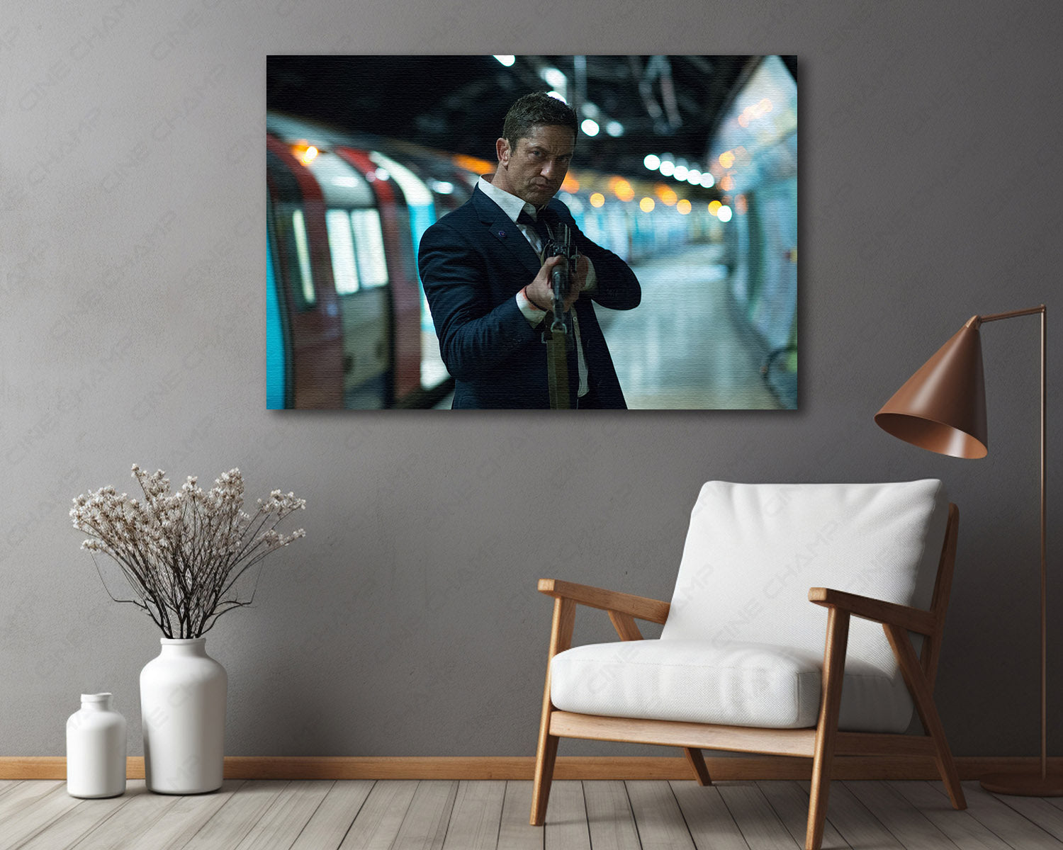 London Has Fallen movie canvas wall art hanging in a modern home theater.