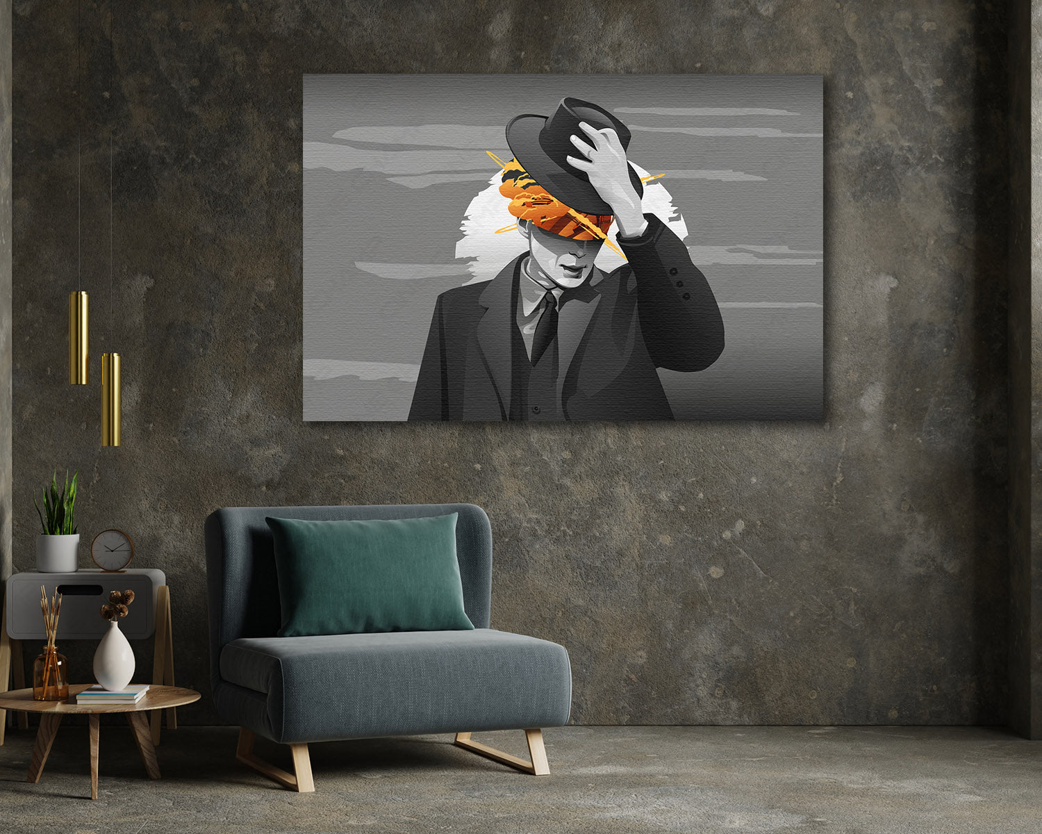 Minimalist Oppenheimer Canvas Print Above Accent Chair in a Modern Office or Media Room
