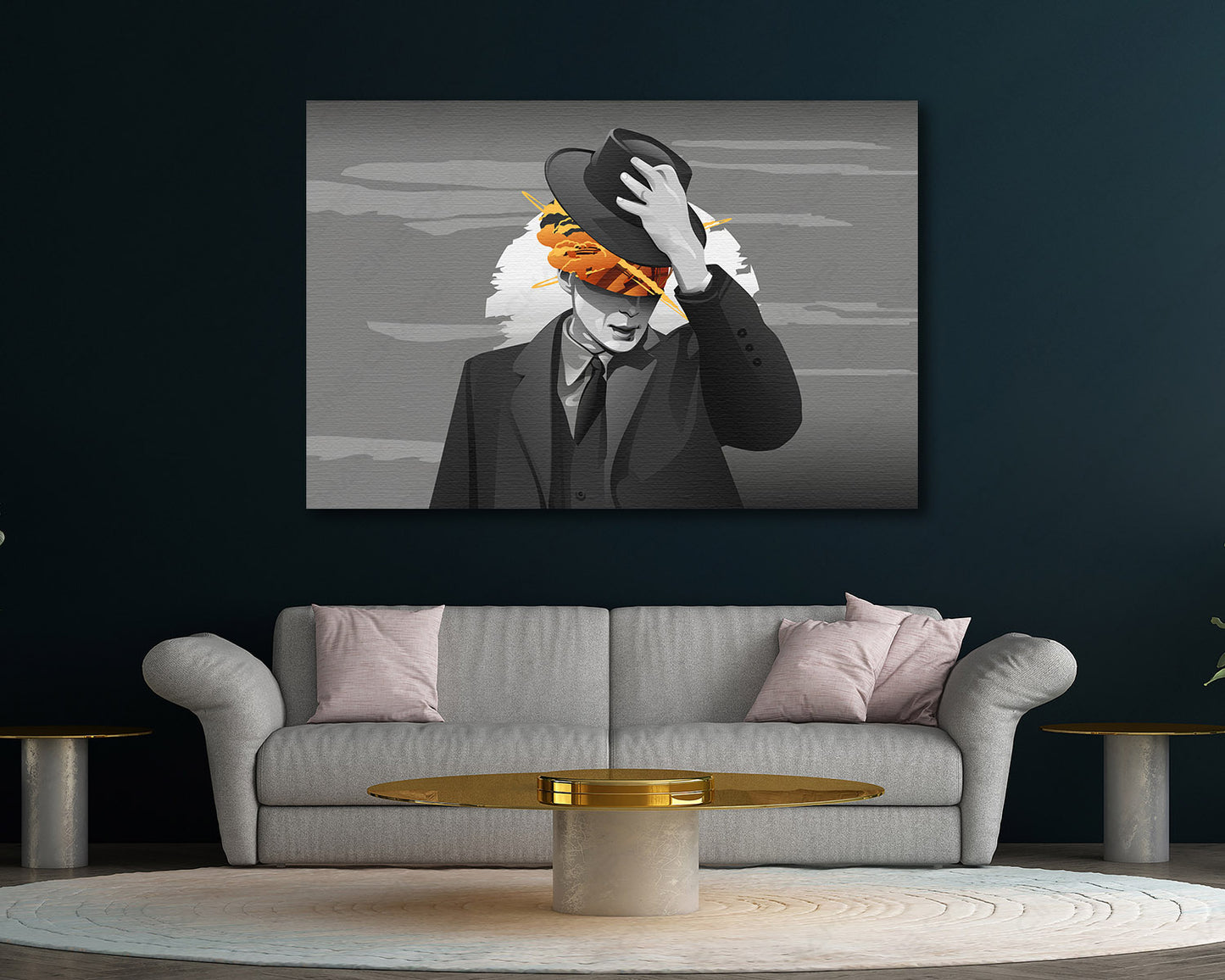 Minimalist Oppenheimer Canvas Print Displayed in a Contemporary Living Room Interior