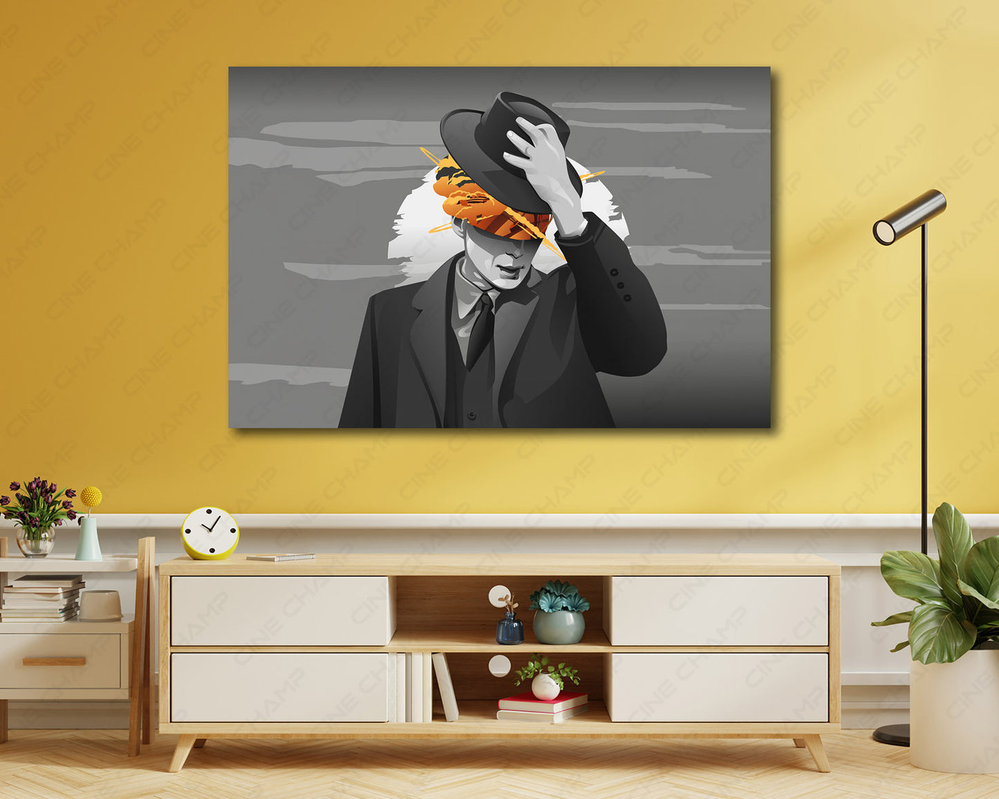 Minimalist Oppenheimer Canvas Print Displayed on a Cabinet Wall in a Modern Interior