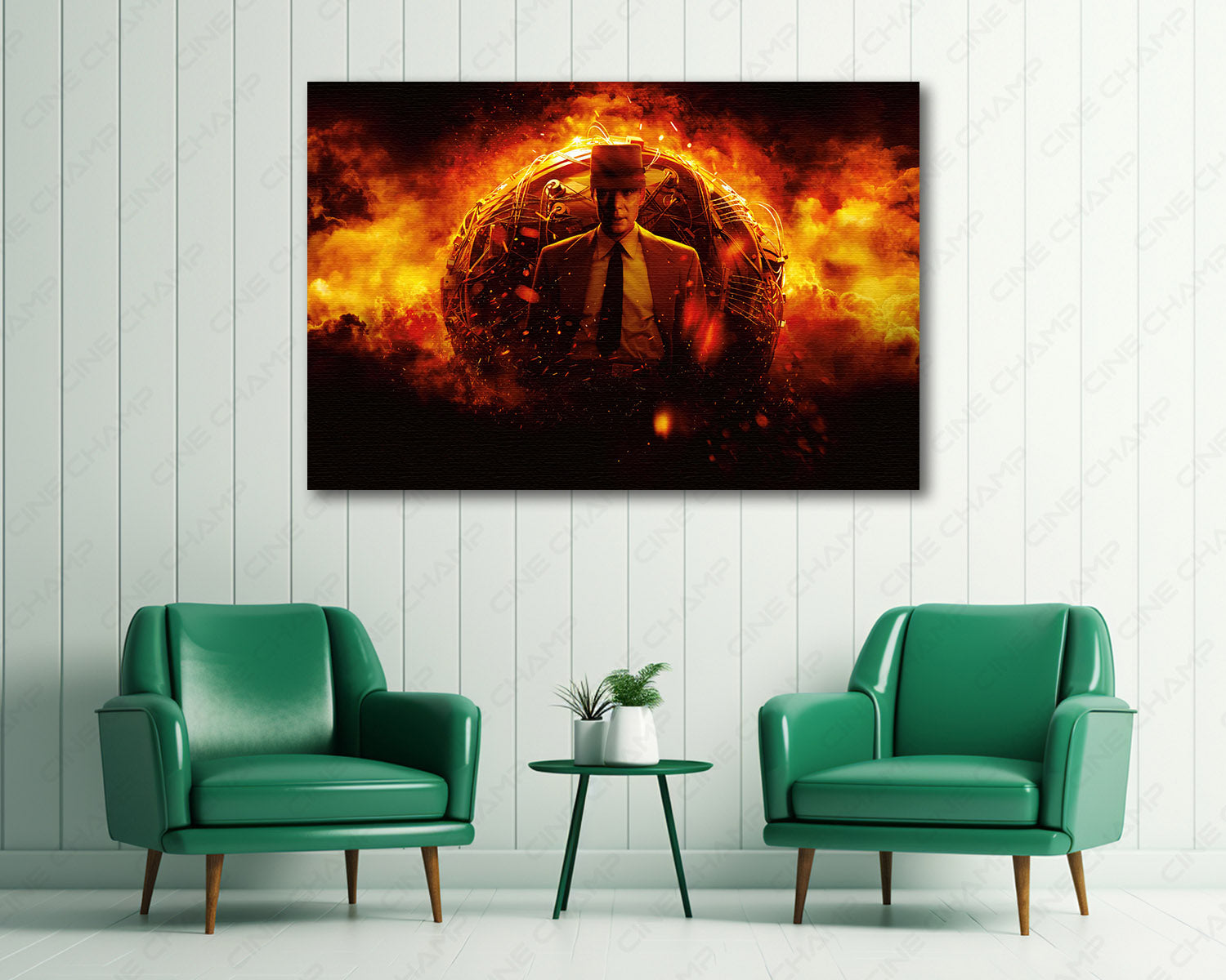 Oppenheimer Canvas Wall Art Above Accent Chair in a Modern Study or Media Room