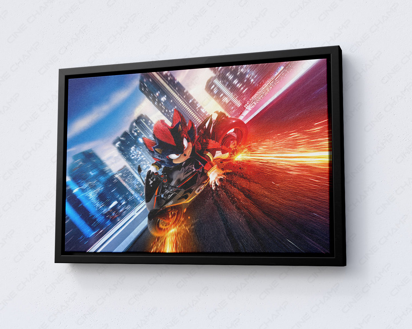 Biker Shadow Sonic the Hedgehog Canvas Print with Black Floating Frame