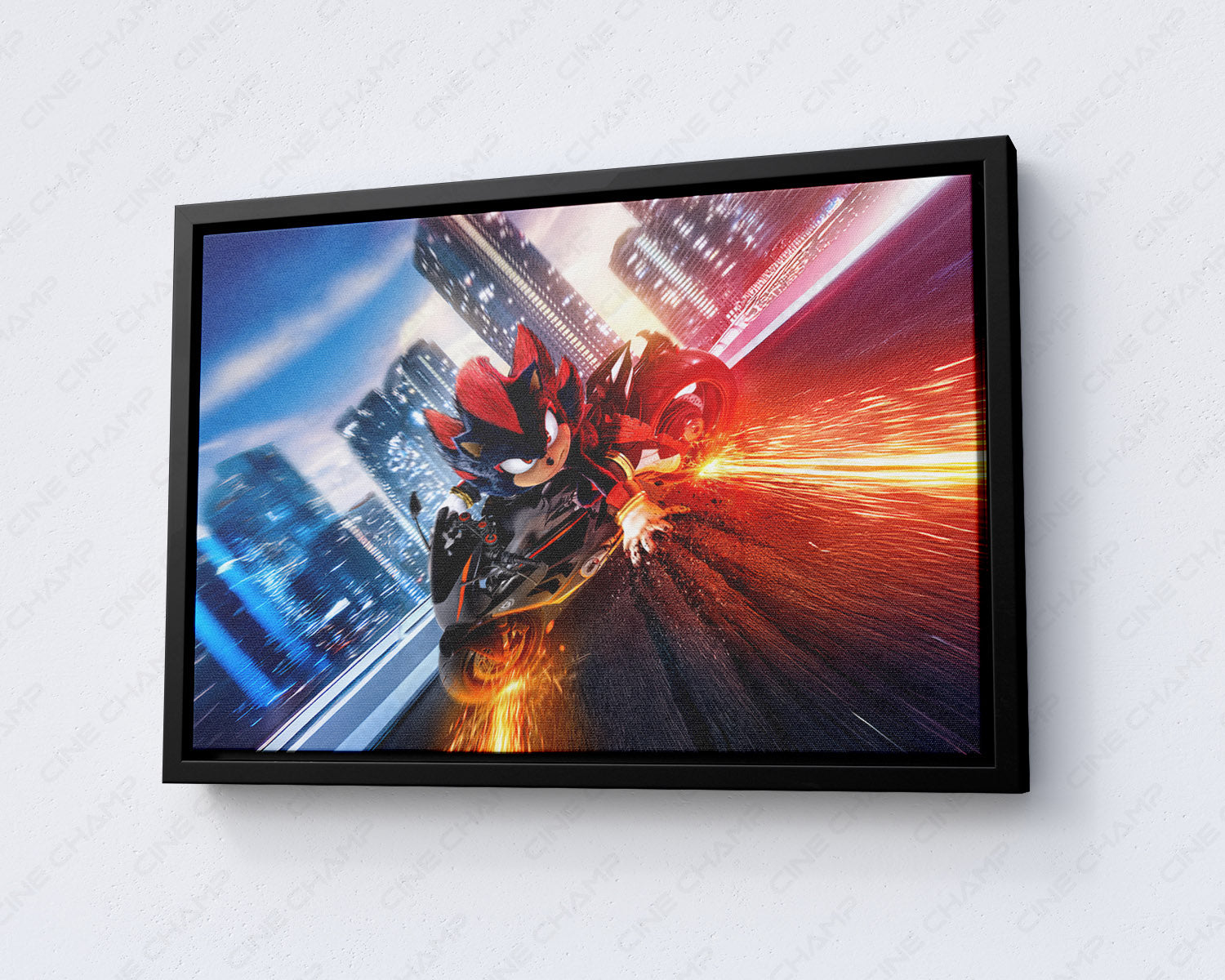 Biker Shadow Sonic the Hedgehog Canvas Print with Black Floating Frame