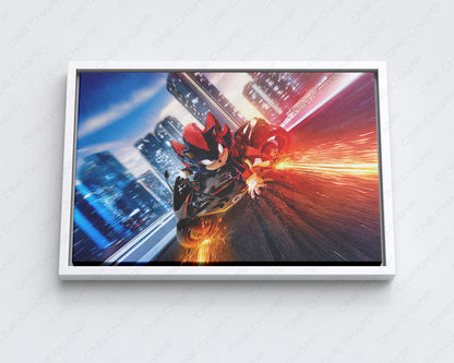 Biker Shadow Sonic the Hedgehog Canvas Print with White Floating Frame