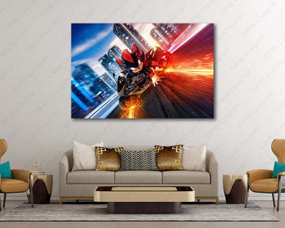 Biker Shadow Sonic the Hedgehog Canvas Print Displayed in a Modern Living Room