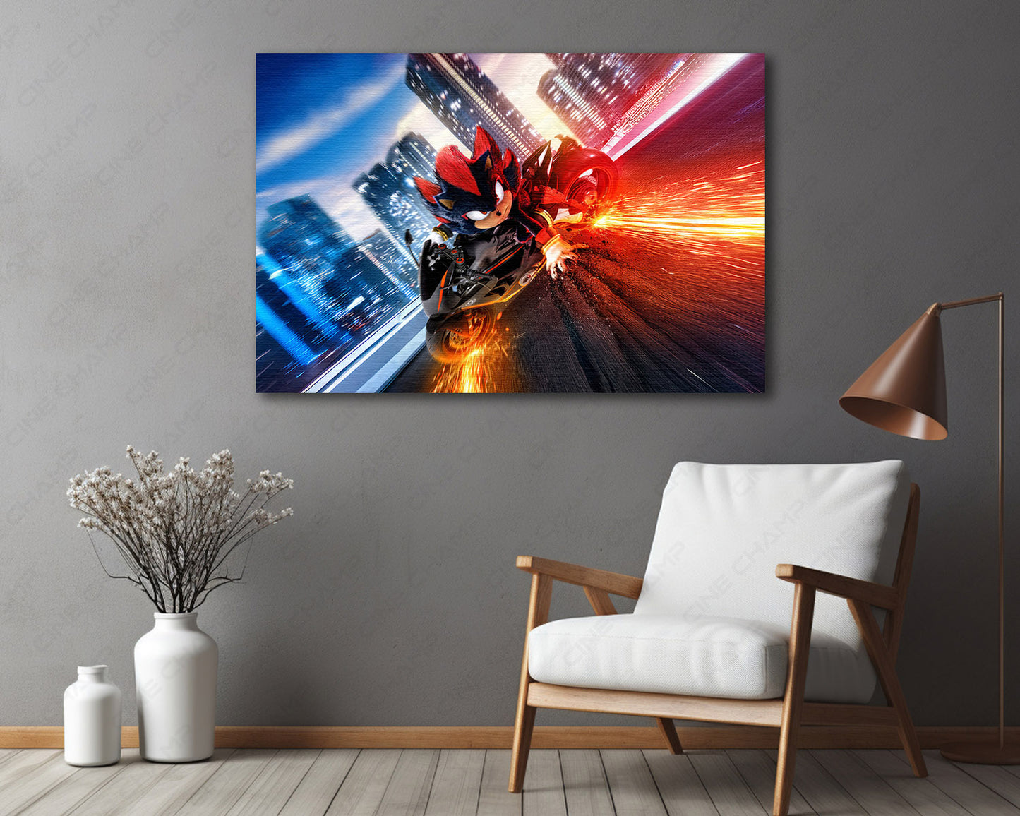 Biker Shadow Sonic the Hedgehog Canvas Wall Art in a Luxury Living Room