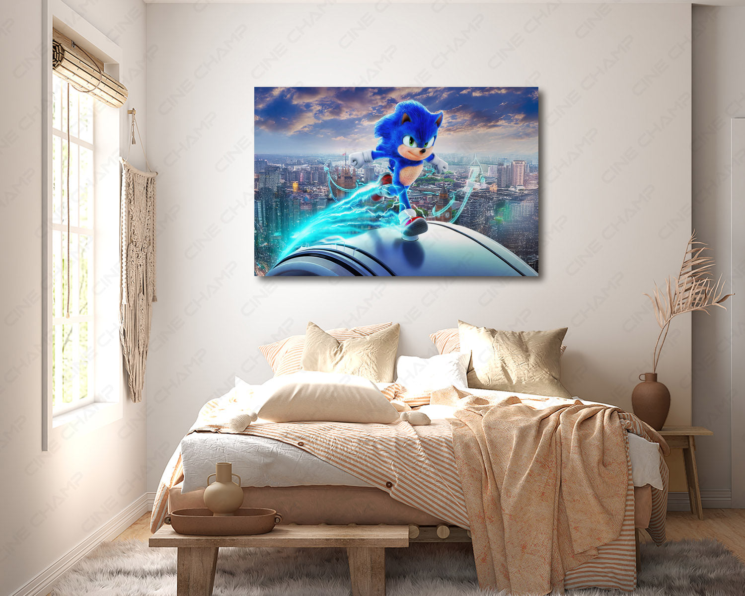 Sonic the Hedgehog 3 Canvas Print Above Bed in a Modern Bedroom