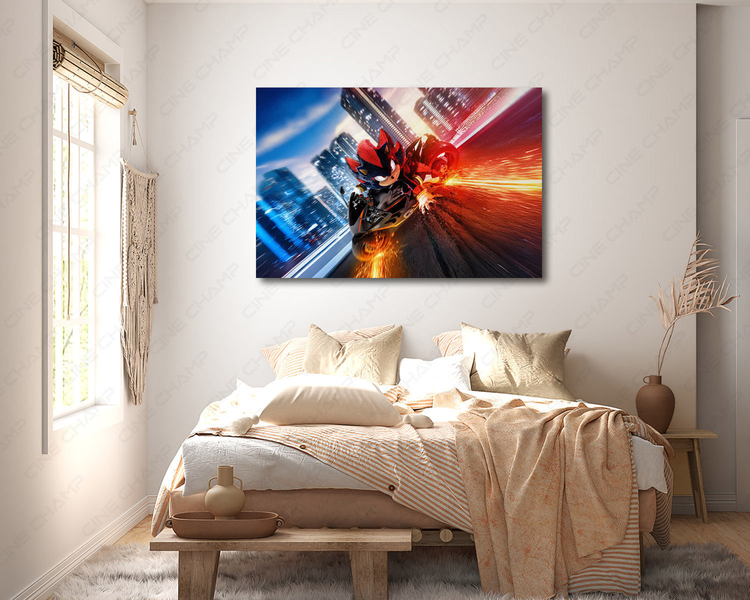Biker Shadow Sonic the Hedgehog Canvas Print Above Bed in a Modern Bedroom