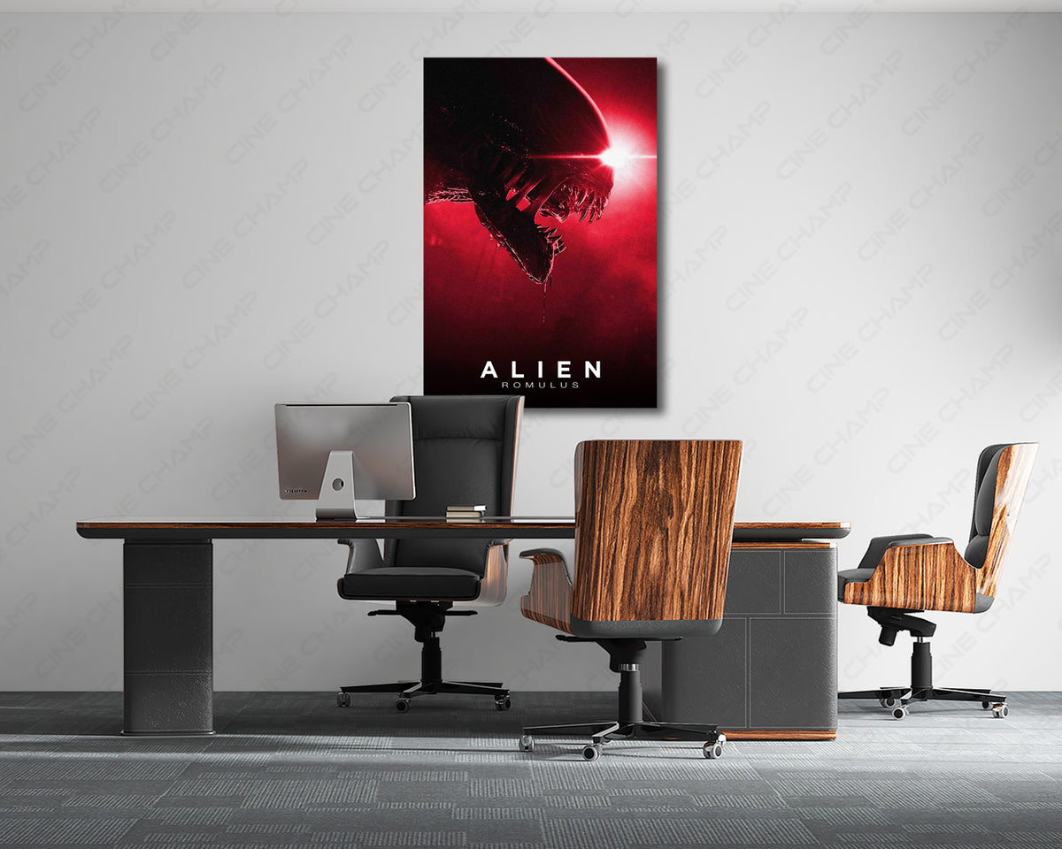 Space-station horror-inspired canvas decor for a gaming room