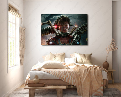 Spider-Man No Way Home inspired canvas wall art displayed in a modern bedroom interior