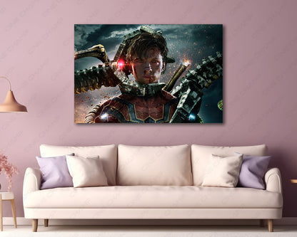 Spider-Man No Way Home inspired canvas wall art displayed in a modern living room setting