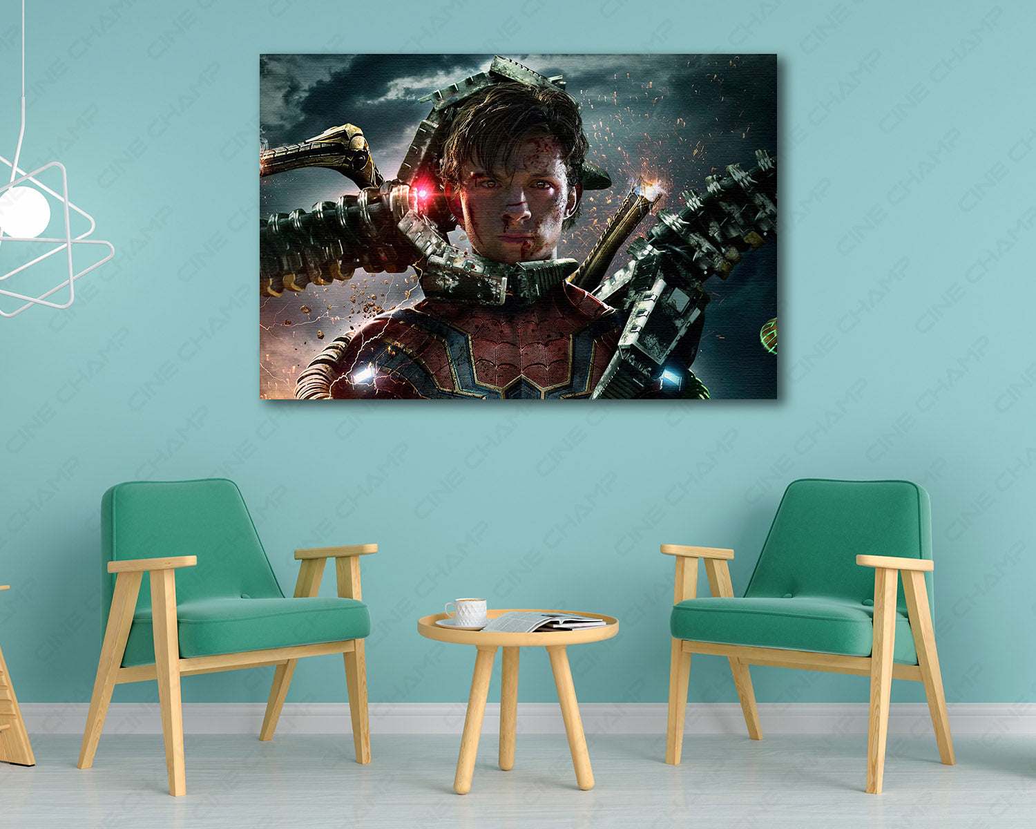 Spider-Man No Way Home inspired canvas wall art displayed in a modern living room setting