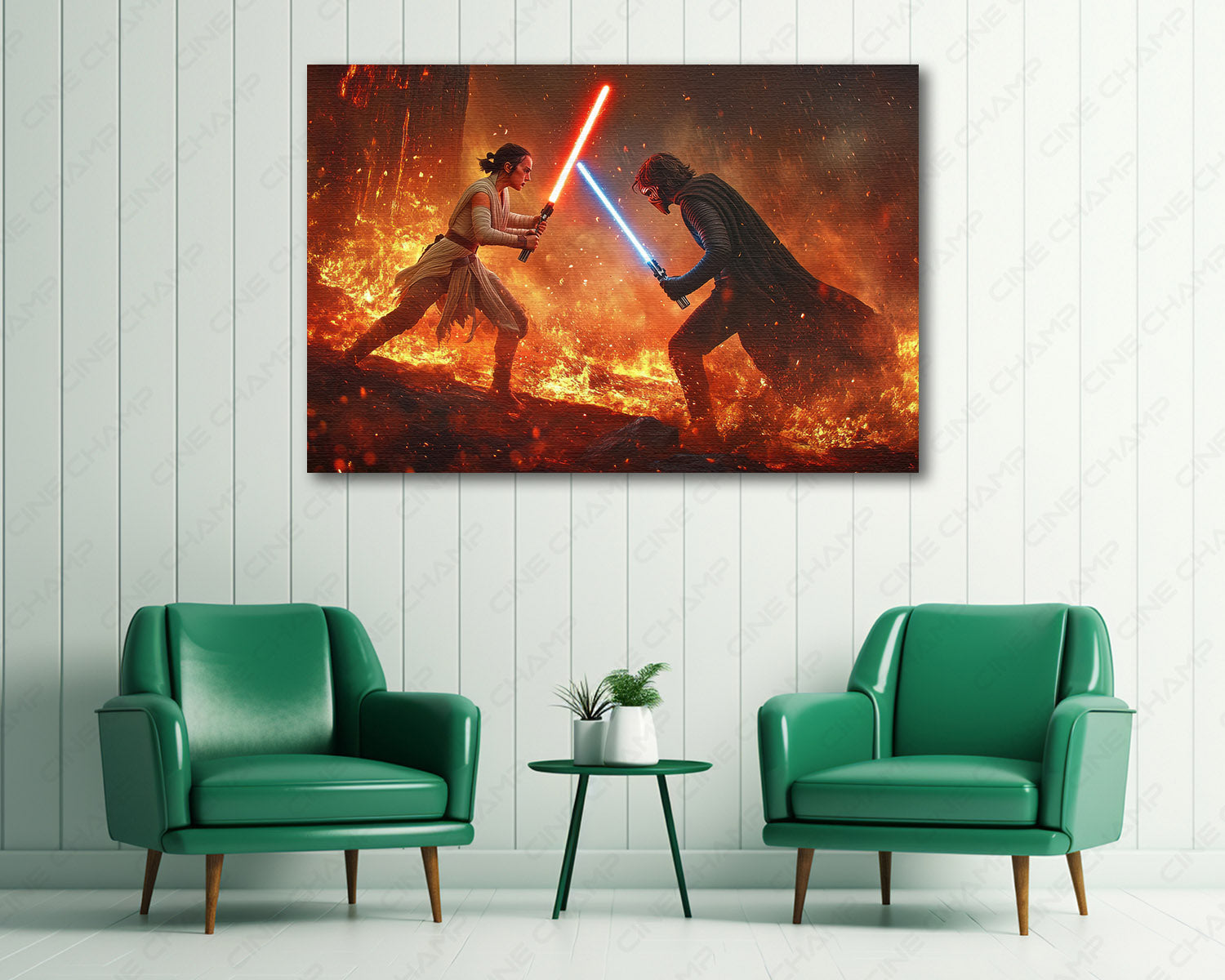 Star Wars: The Force Awakens Canvas Print Above Accent Chair in a Modern Movie Room or Gaming Space